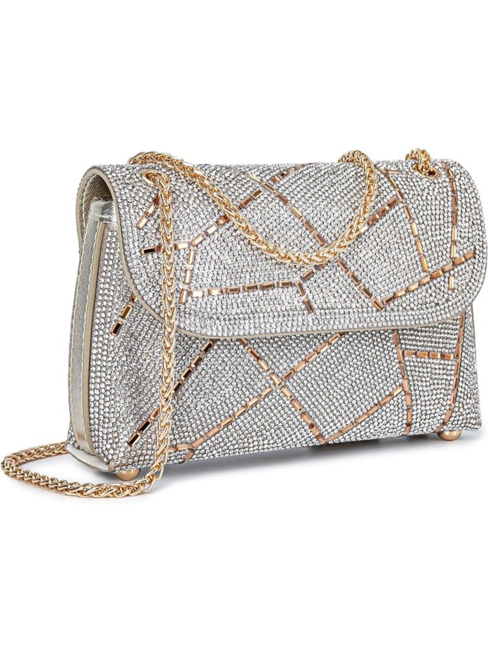 Womens Gold Rhinestone Evening Clutch Bag with Chain Strap Shoulder Purse